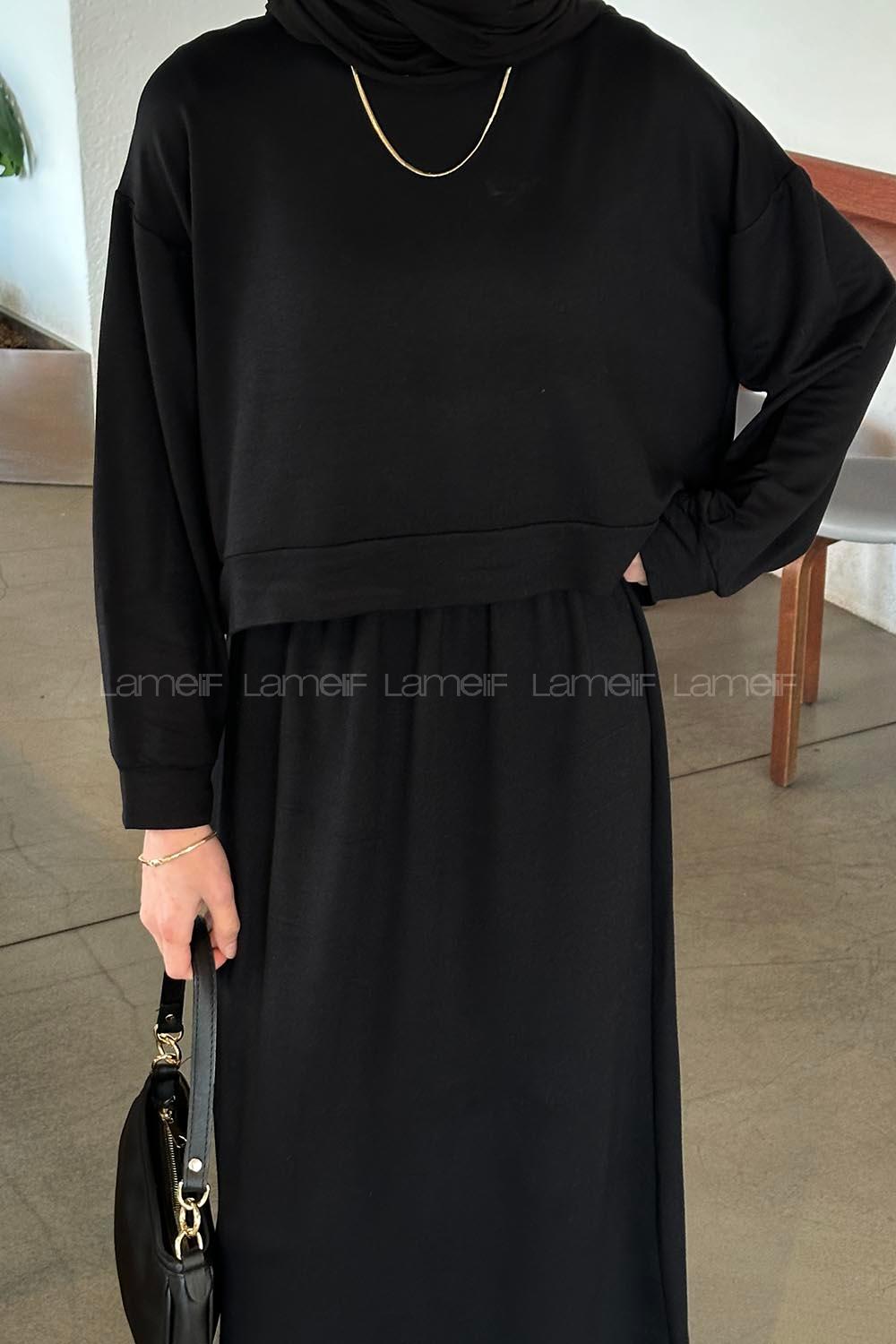 Black Crew Neck Long Arm Poplin Fabric Straight Skirt Suit
