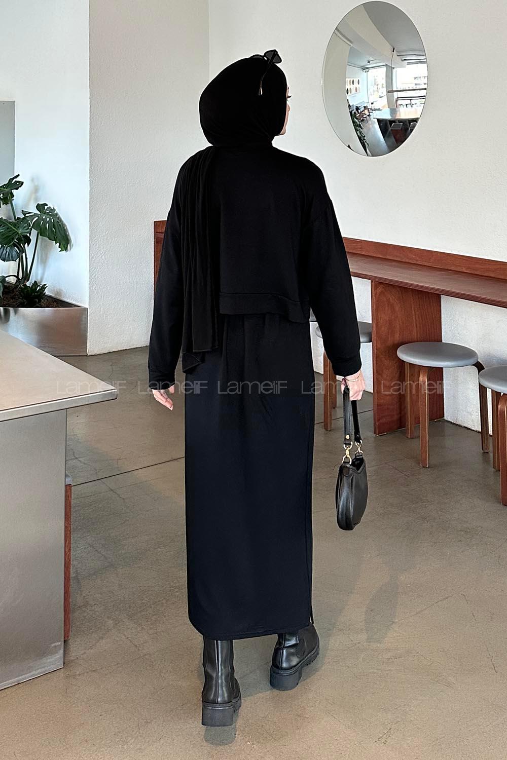 Black Crew Neck Long Arm Poplin Fabric Straight Skirt Suit