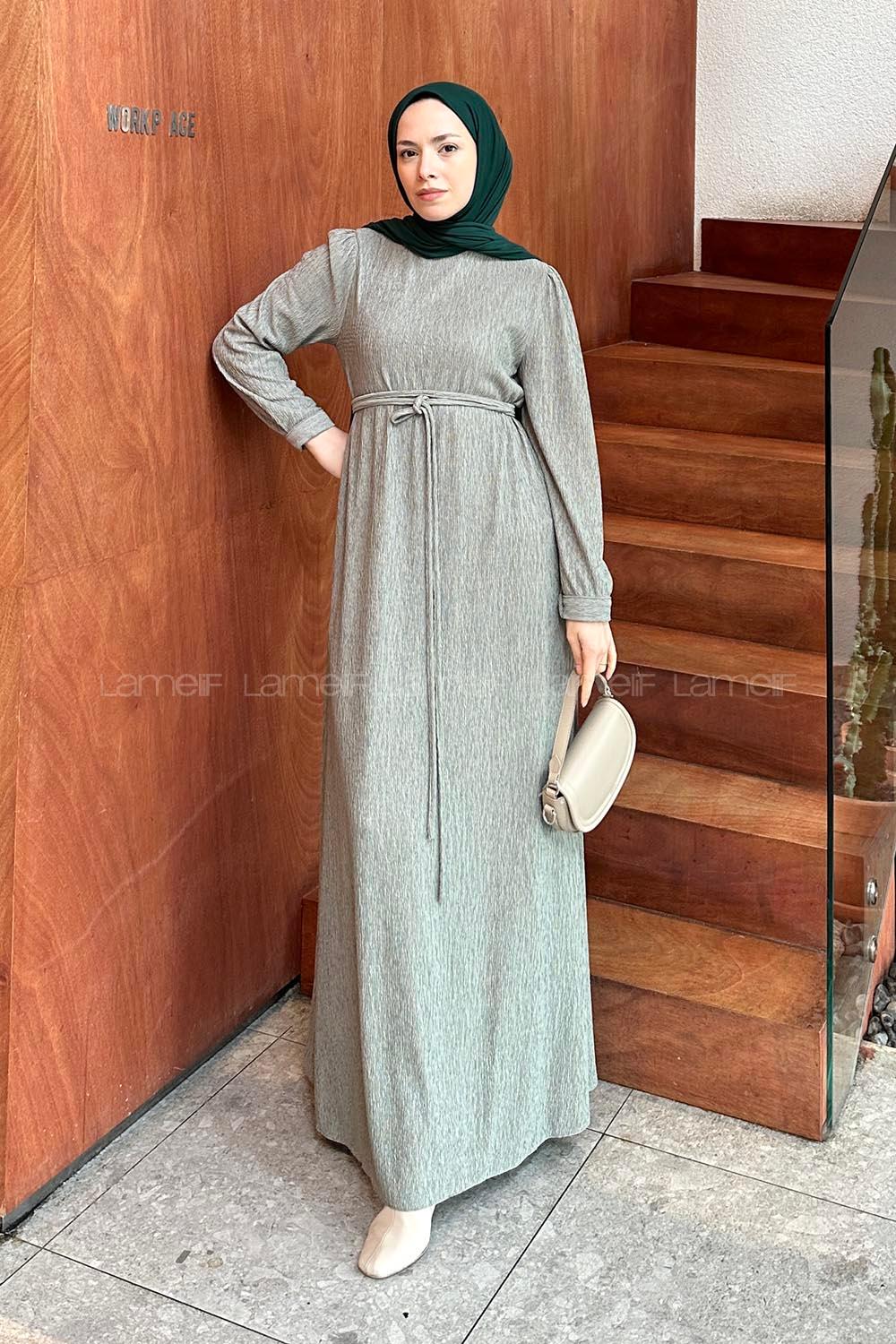 Lamelif Kuşak Bağlama Kıraşlı Tesettür Elbise Kına Yeşili