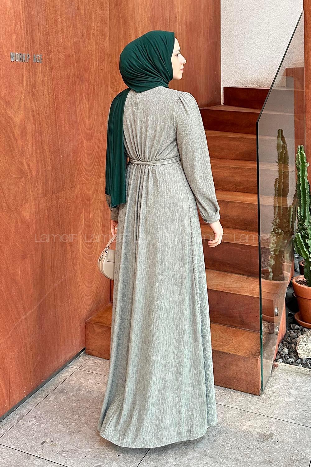 Lamelif Kuşak Bağlama Kıraşlı Tesettür Elbise Kına Yeşili