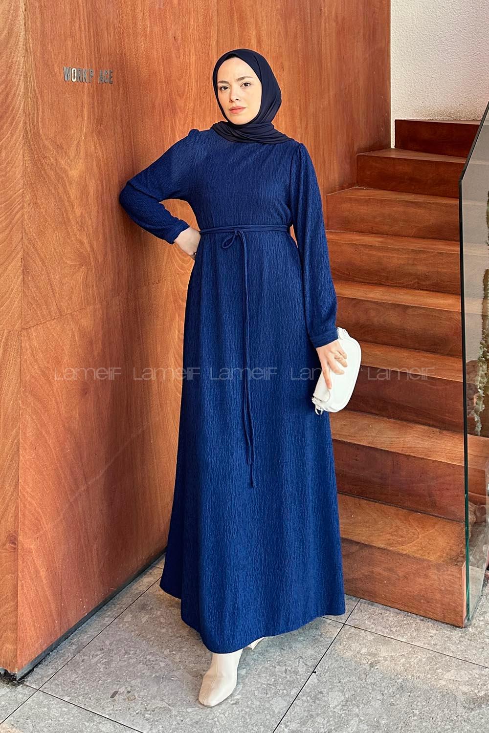 Lamelif Kuşak Bağlama Kıraşlı Tesettür Elbise Lacivert