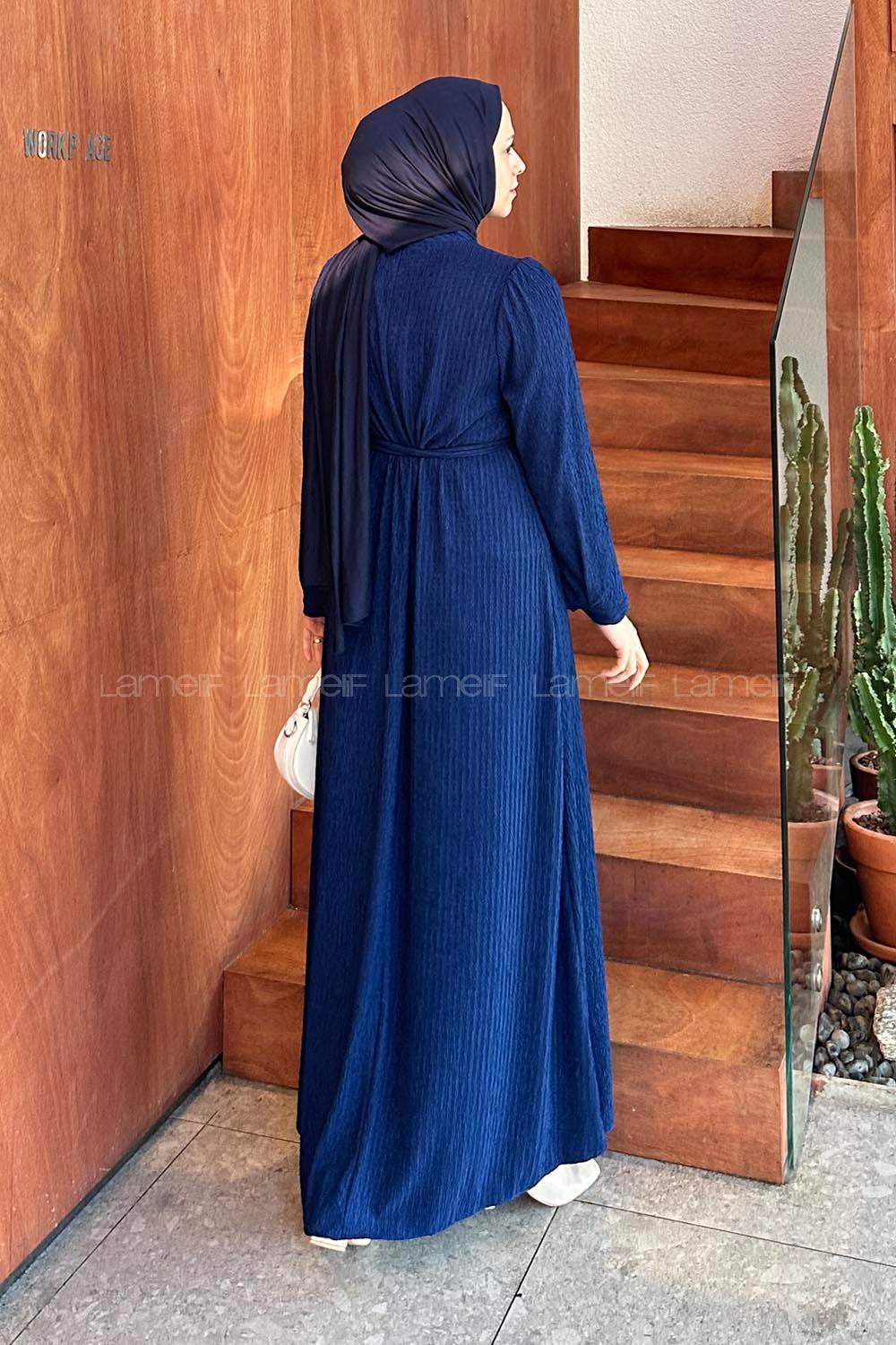 Lamelif Kuşak Bağlama Kıraşlı Tesettür Elbise Lacivert