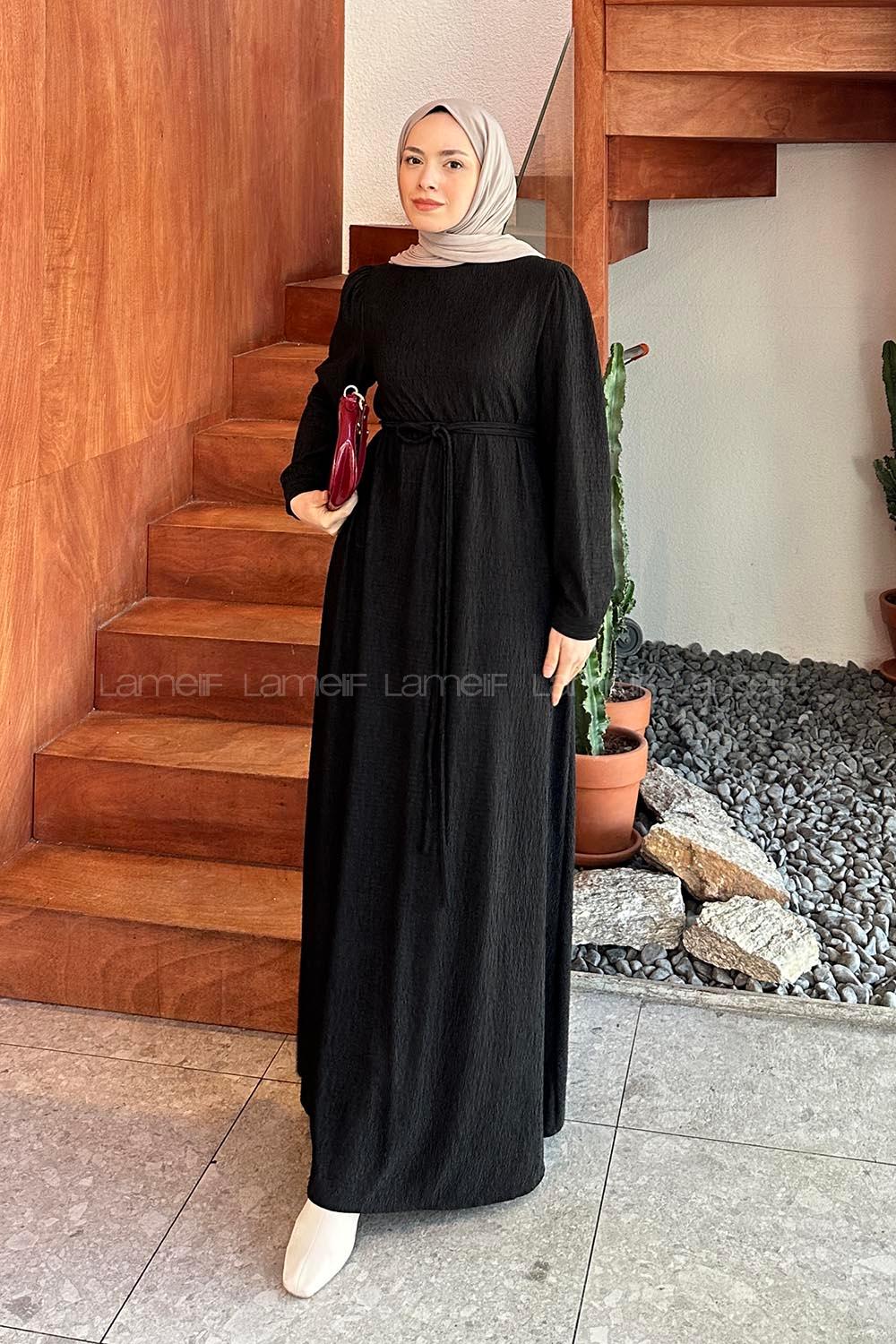 Lamelif Kuşak Bağlama Kıraşlı Tesettür Elbise Siyah
