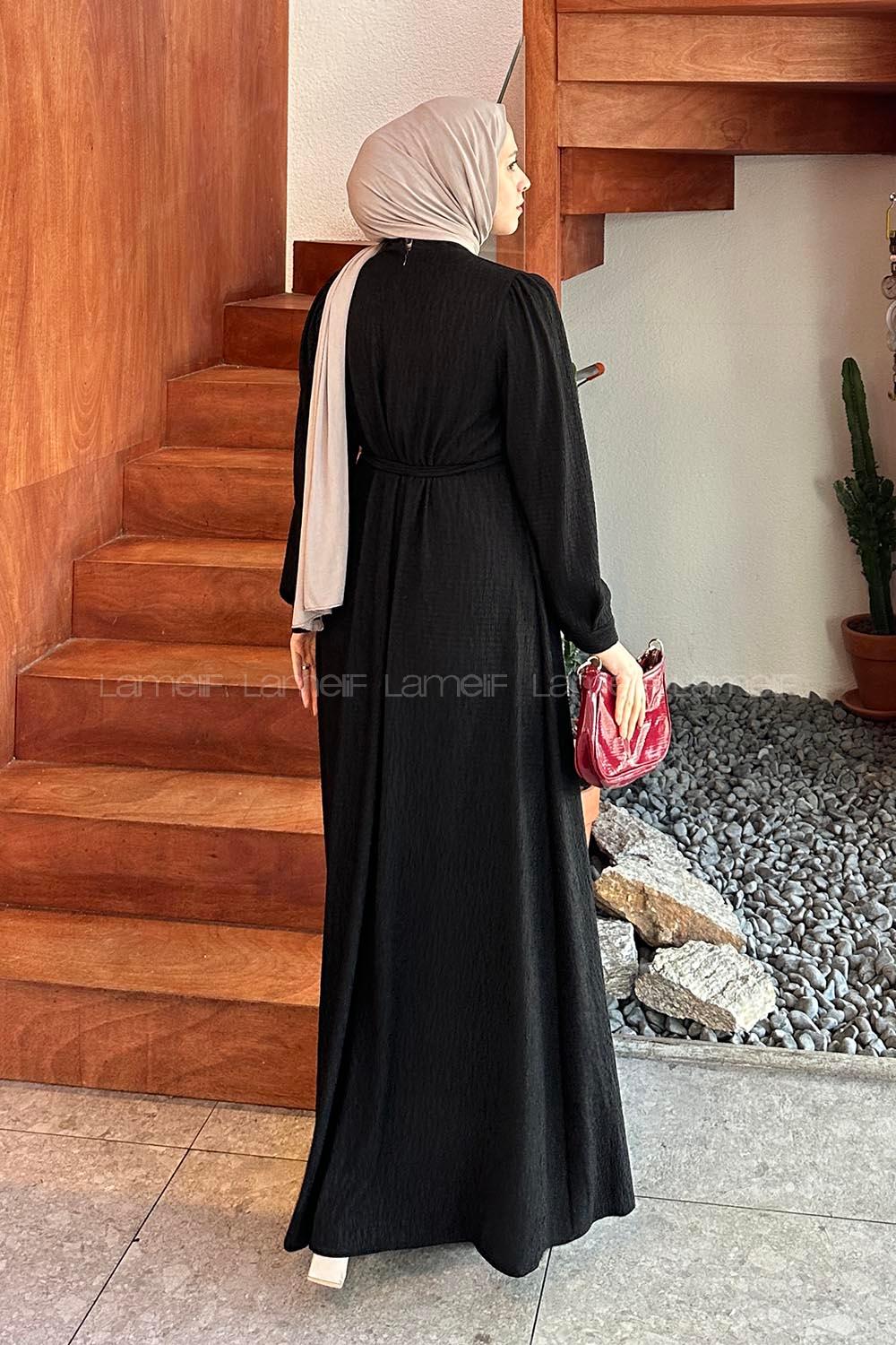 Lamelif Kuşak Bağlama Kıraşlı Tesettür Elbise Siyah