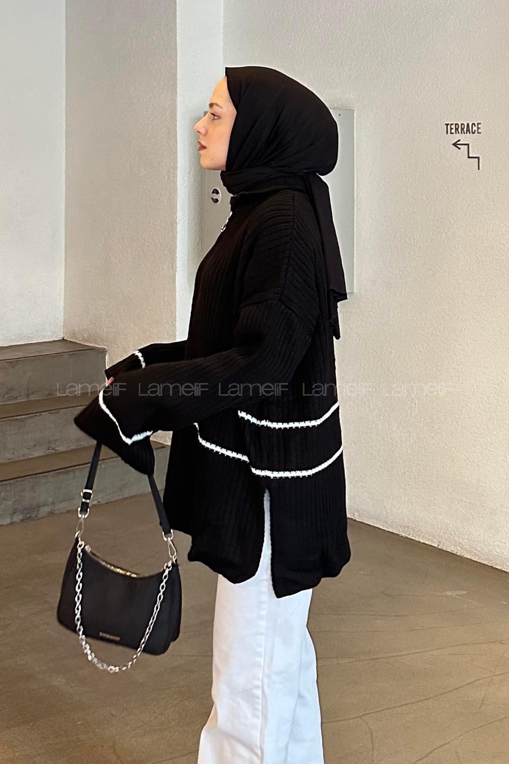 Lamelif Fermuarlı Çizgili Tunik Siyah