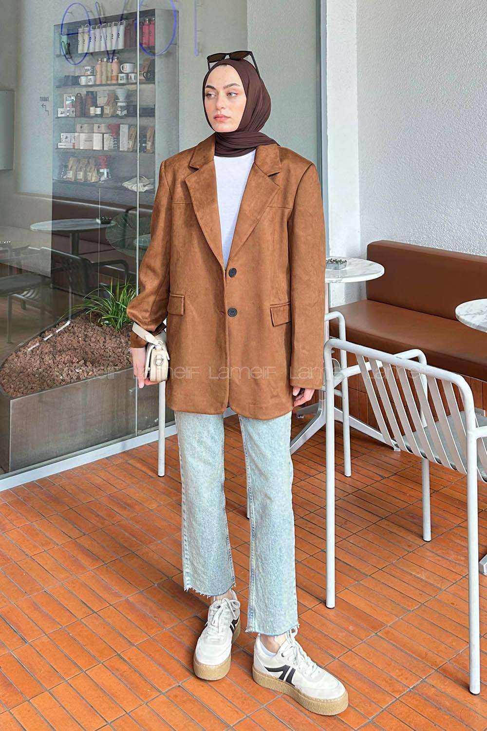 Lamelif Kapak Cep Suet Blazer Ceket Kahverengi