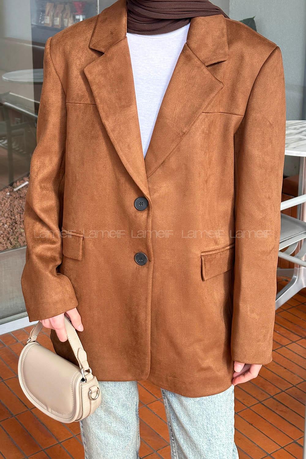 Lamelif Kapak Cep Suet Blazer Ceket Kahverengi
