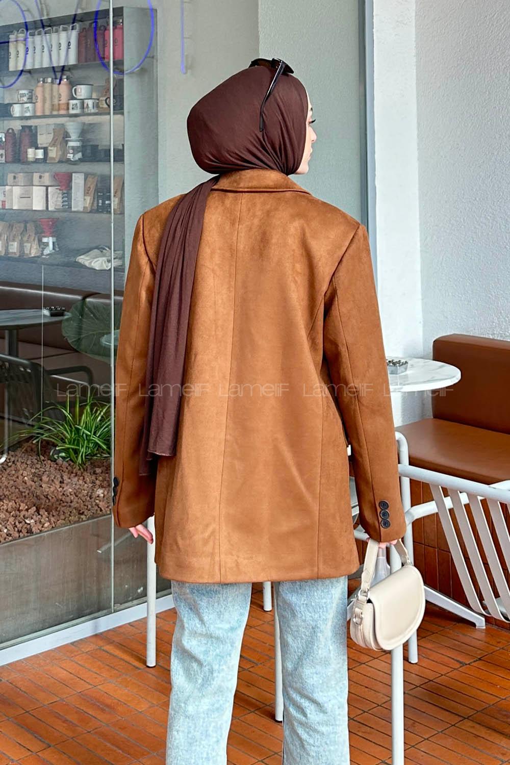 Lamelif Kapak Cep Suet Blazer Ceket Kahverengi