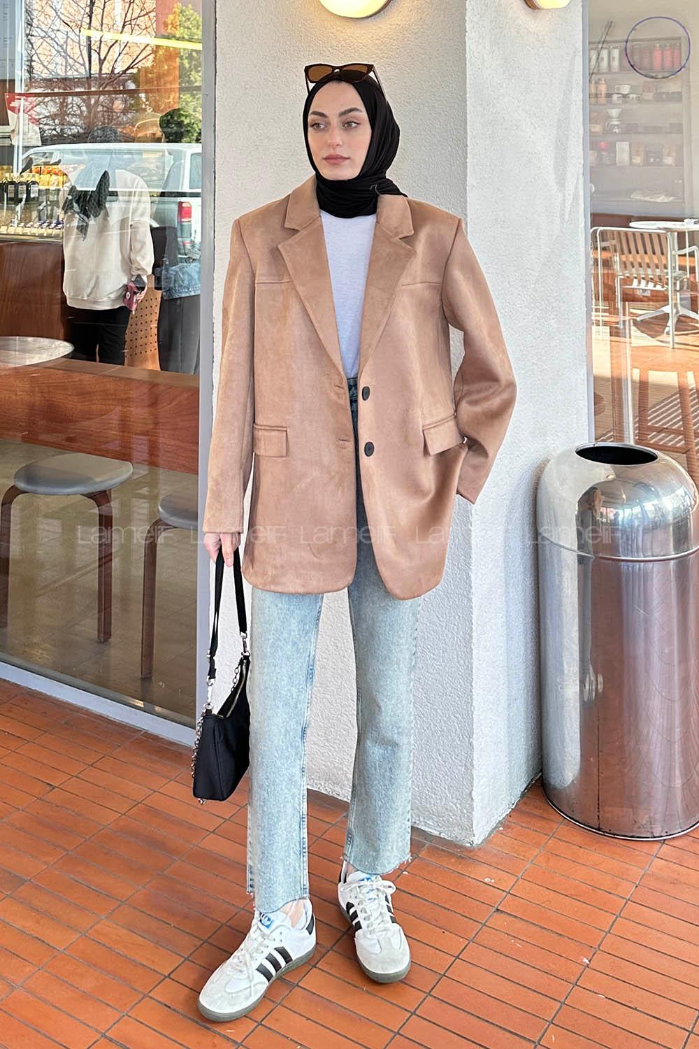 Lamelif Kapak Cep Suet Blazer Ceket Soft Kahve