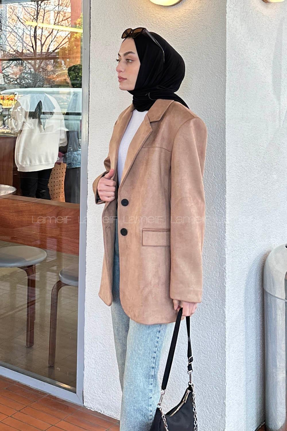 Lamelif Kapak Cep Suet Blazer Ceket Soft Kahve