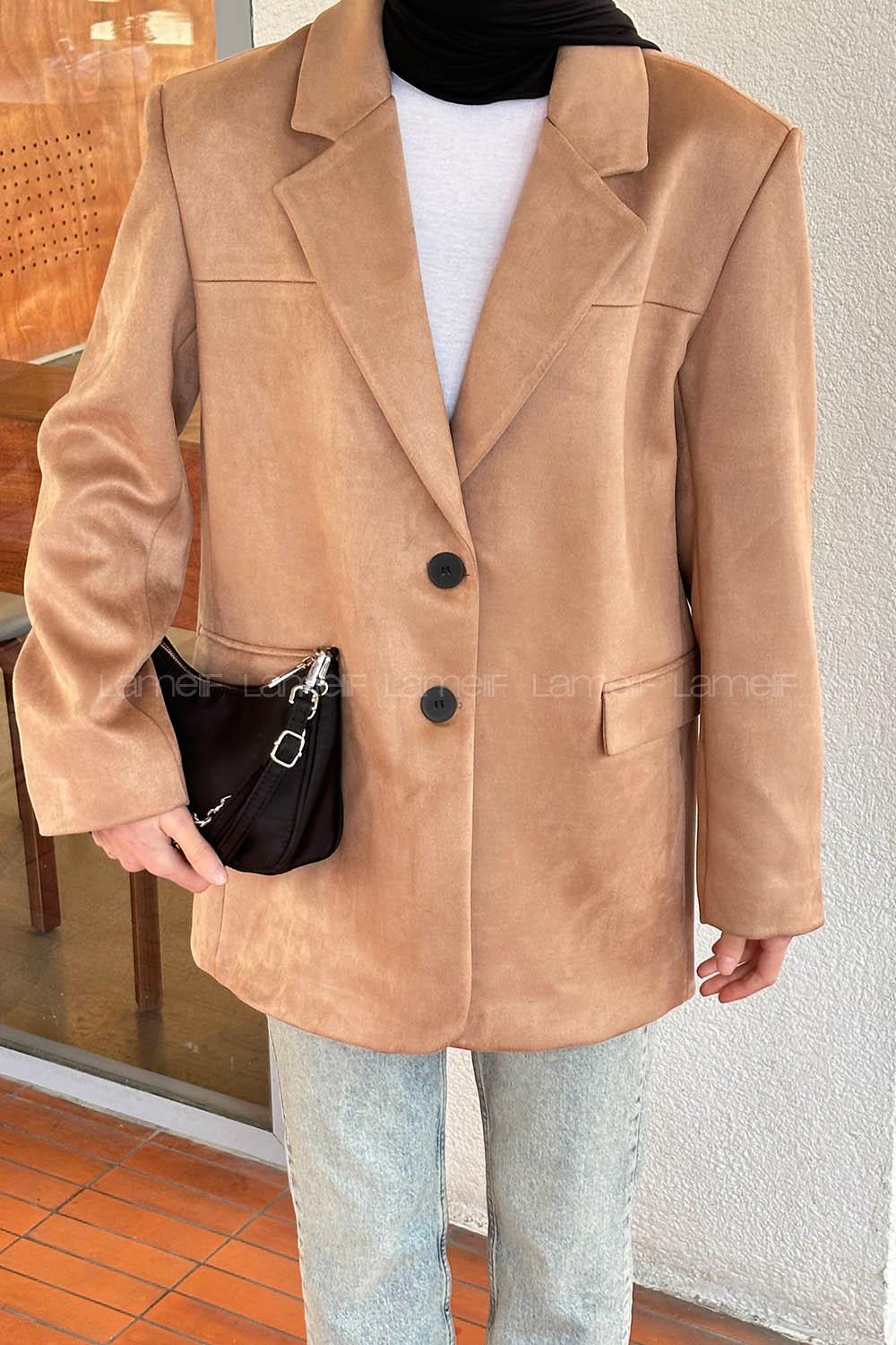 Lamelif Kapak Cep Suet Blazer Ceket Soft Kahve