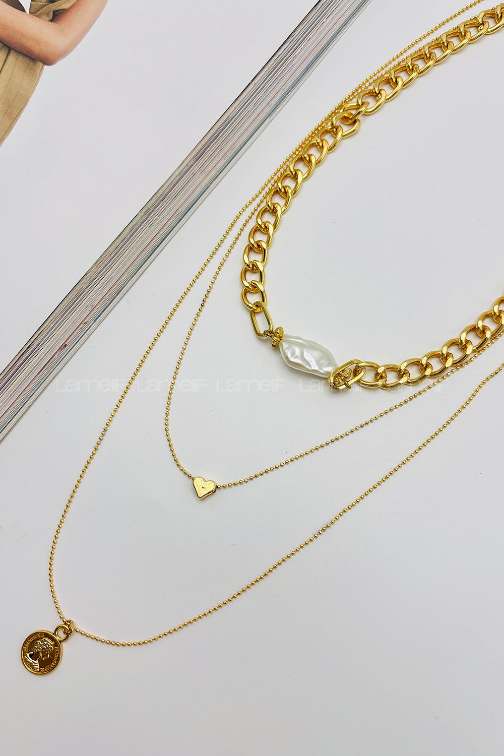 Lamelif Gold 3lü Madalyon Charmlı Kolye