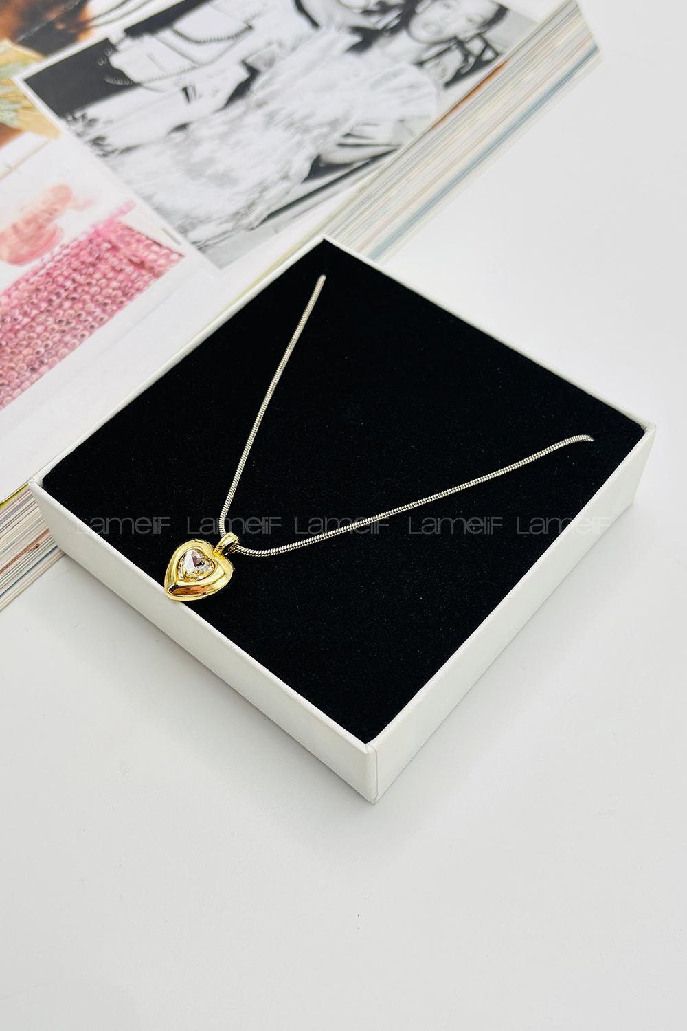Lamelif Gold Kristal Taşlı Kalp Kolye