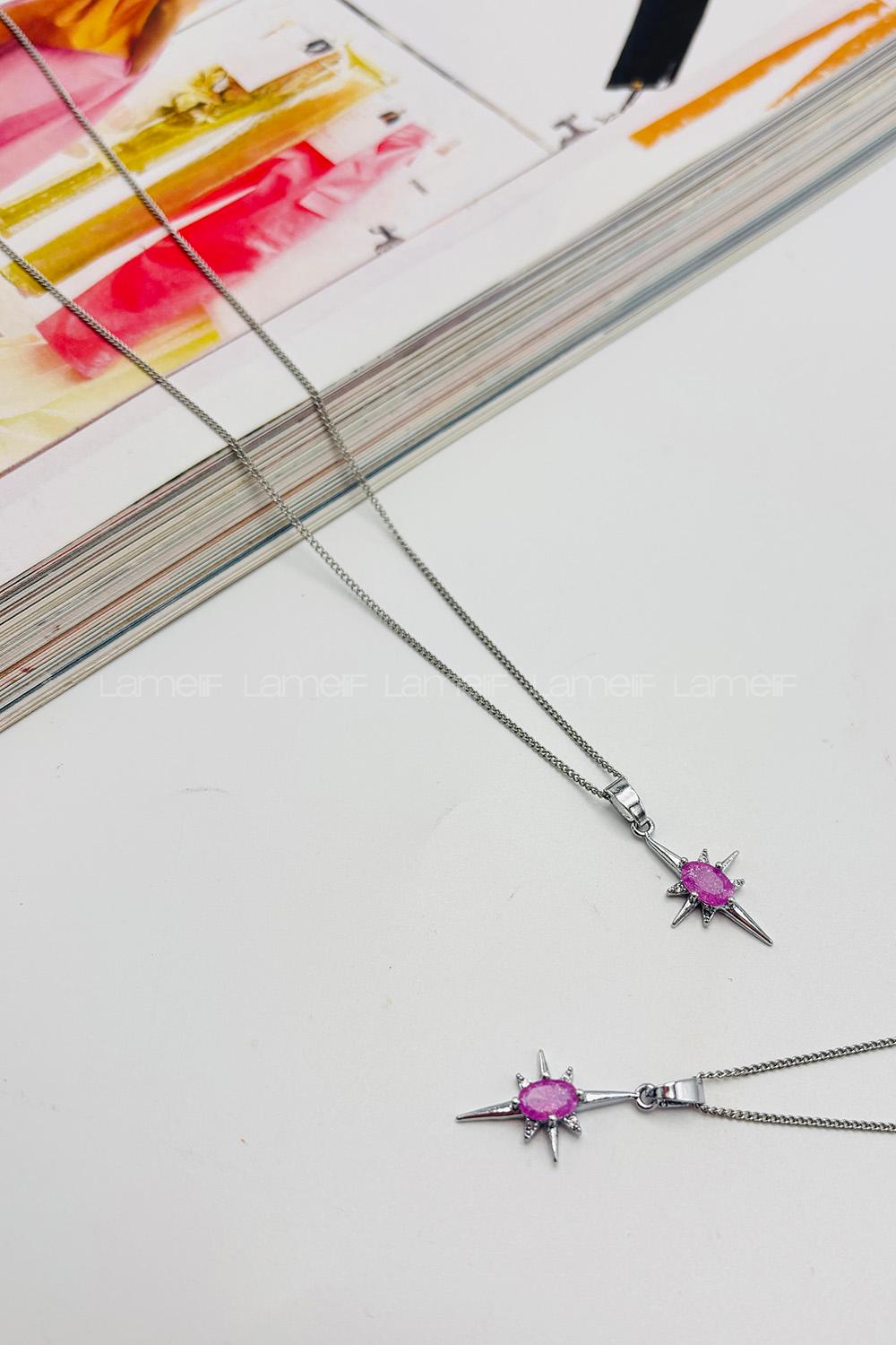 Lamelif Gümüş Kristal Taşlı Zirkon Pembe Kuzey Yıldız Kolye