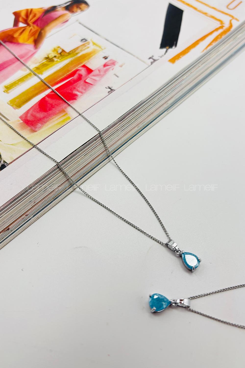 Lamelif Mavi Kristal Taşlı Zirkon Damla Kolye