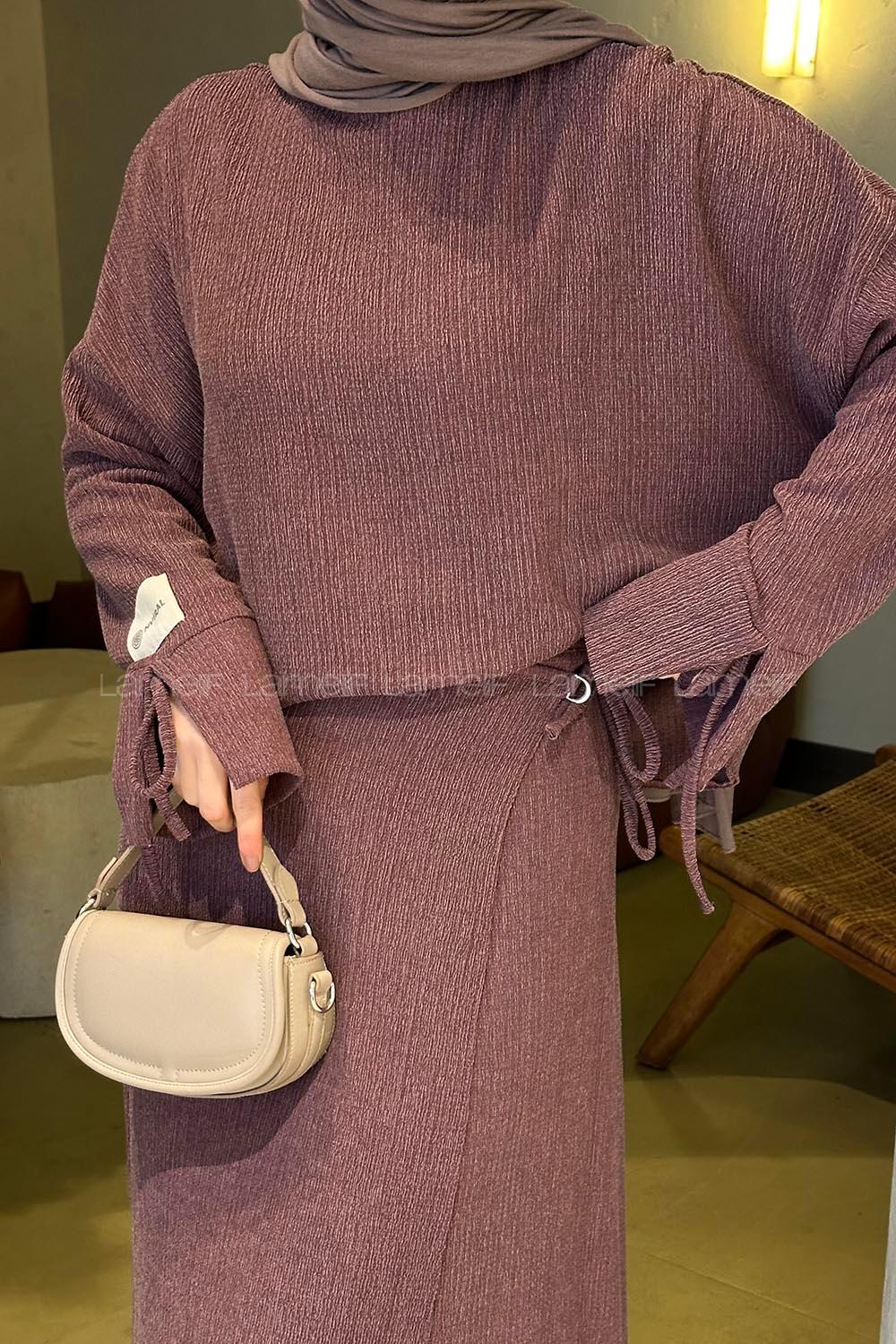 Lamelif Kol İp ve Arma Detaylı Krinkıl Etek Tesettür Takım Gül