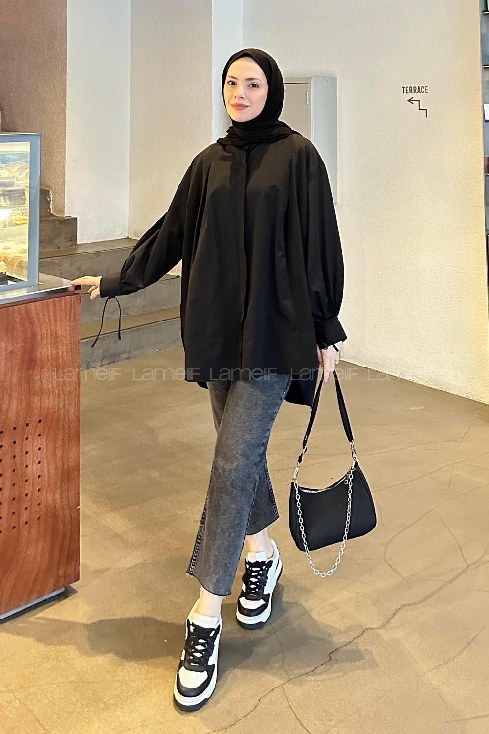 Lamelif Manşeti Biyeli Tunik Siyah
