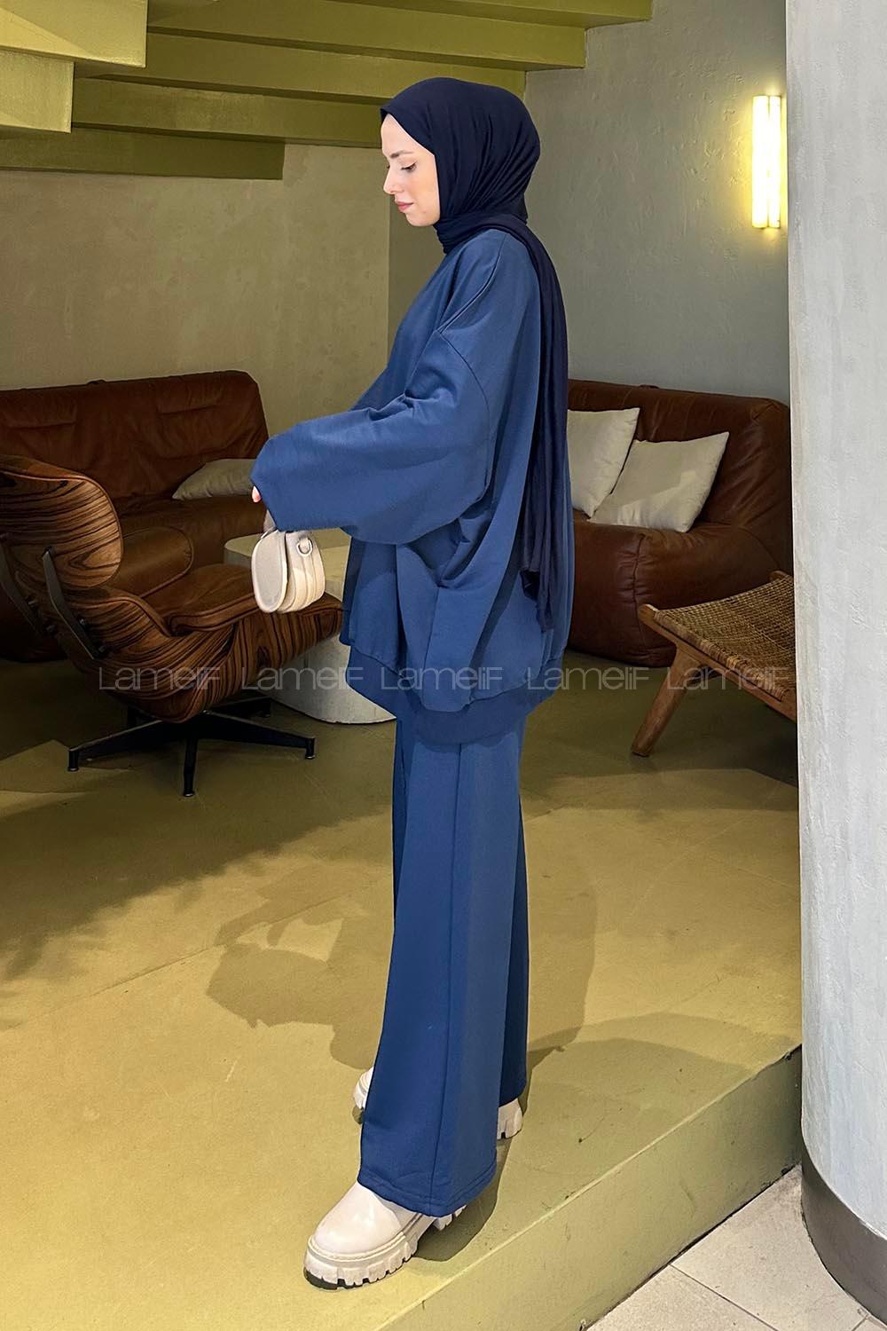 Lamelif Oversize Sweatshirt İkili Tesettür Takım Lacivert