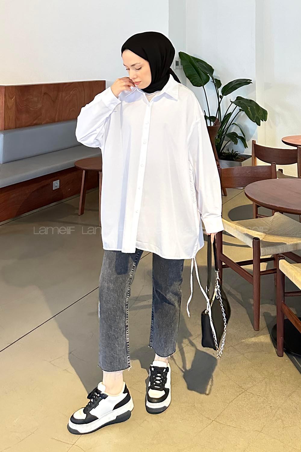 Lamelif Yanları İp Büzgülü Oversize Gömlek Beyaz