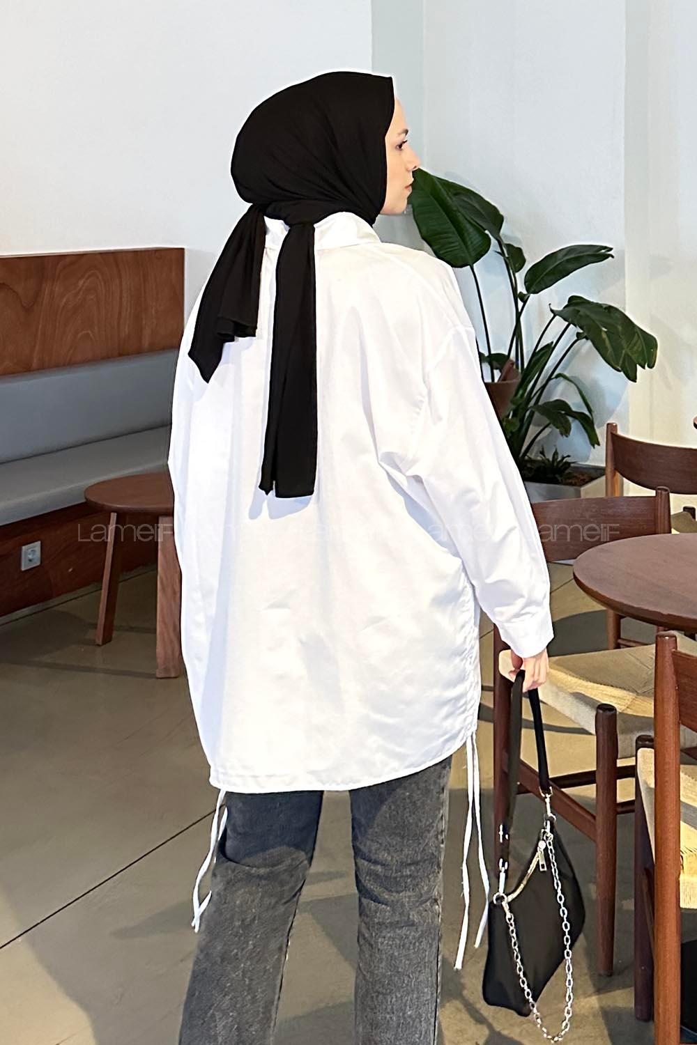 Lamelif Yanları İp Büzgülü Oversize Gömlek Beyaz