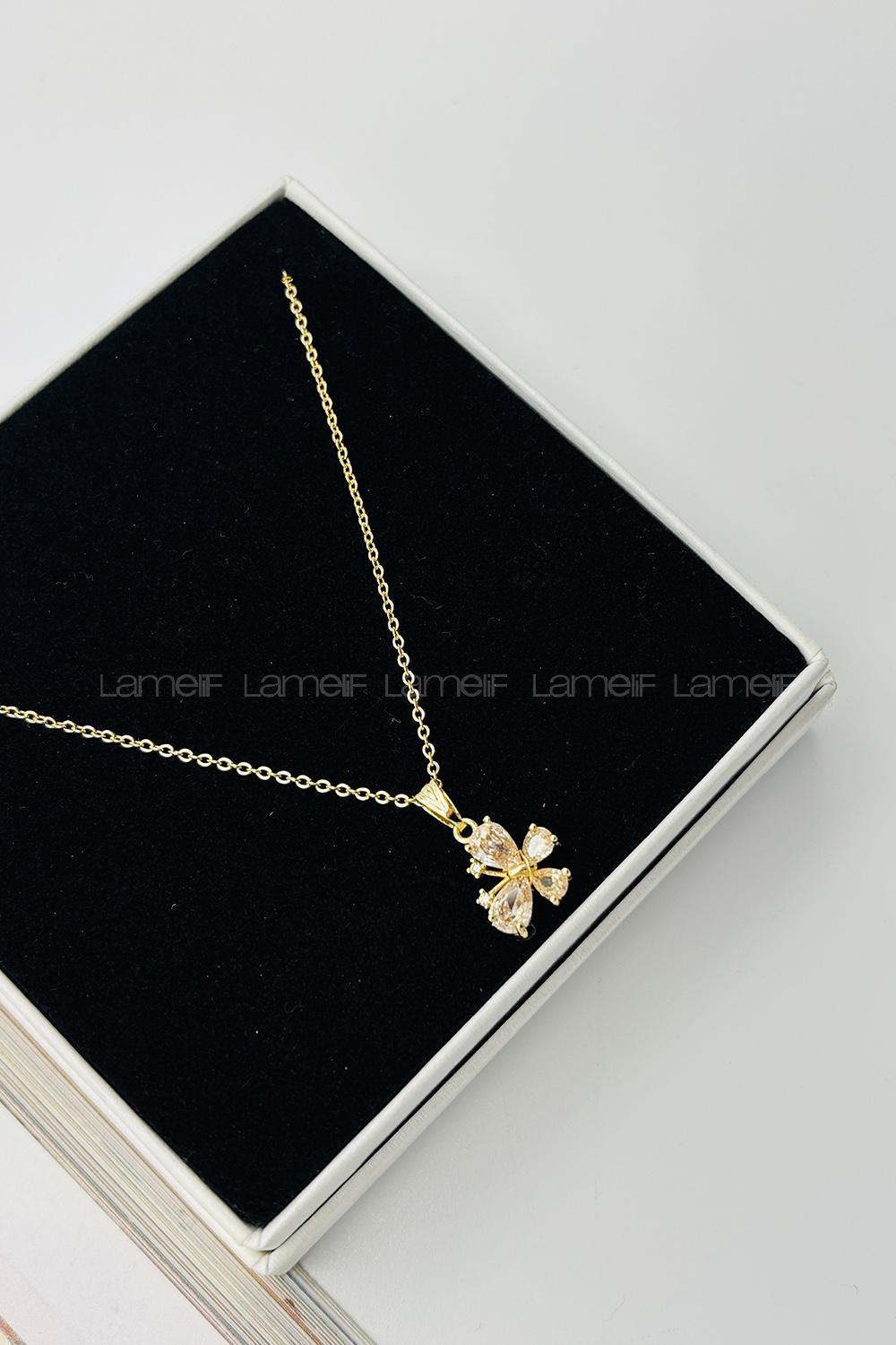 Lamelif Gold Kristal Taşlı Zirkon Kelebek Kolye