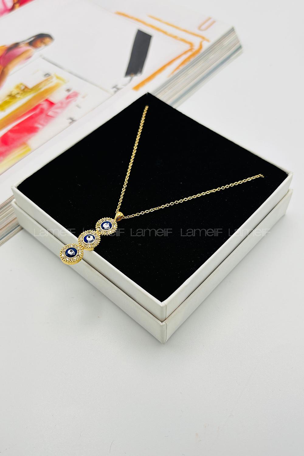 Lamelif Gold Kristal Taşlı Zirkon Üç Nazar Kolye