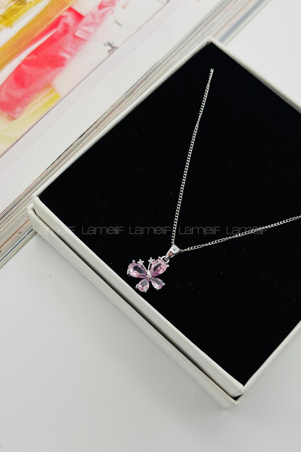Lamelif Gümüş Kristal Pembe Taşlı Zirkon Kelebek Kolye