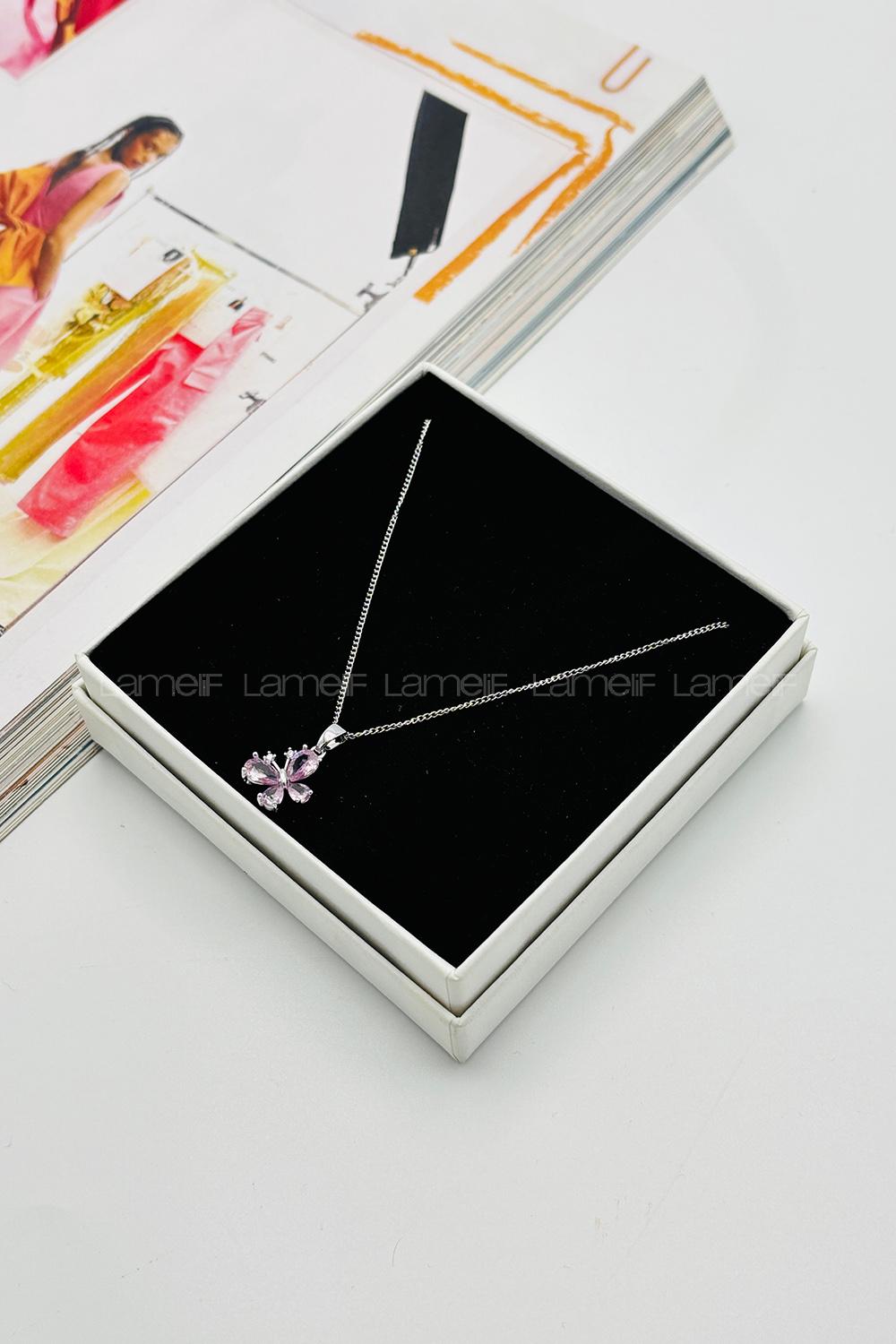 Lamelif Gümüş Kristal Pembe Taşlı Zirkon Kelebek Kolye