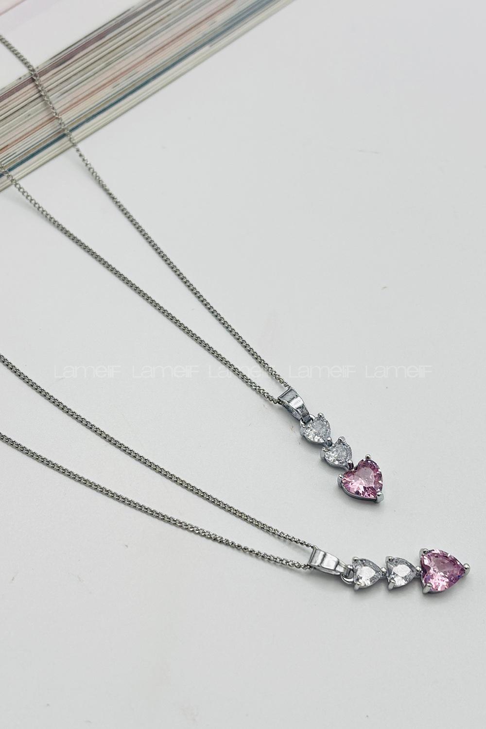 Lamelif Gümüş Kristal Pembe Taşlı Zirkon Üç Kalp Kolye