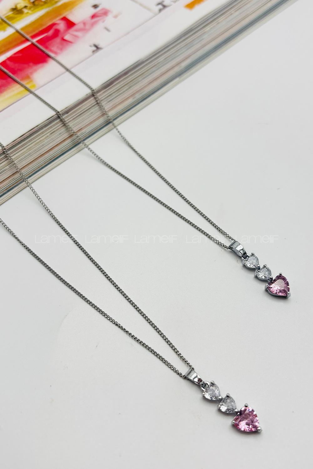 Lamelif Gümüş Kristal Pembe Taşlı Zirkon Üç Kalp Kolye