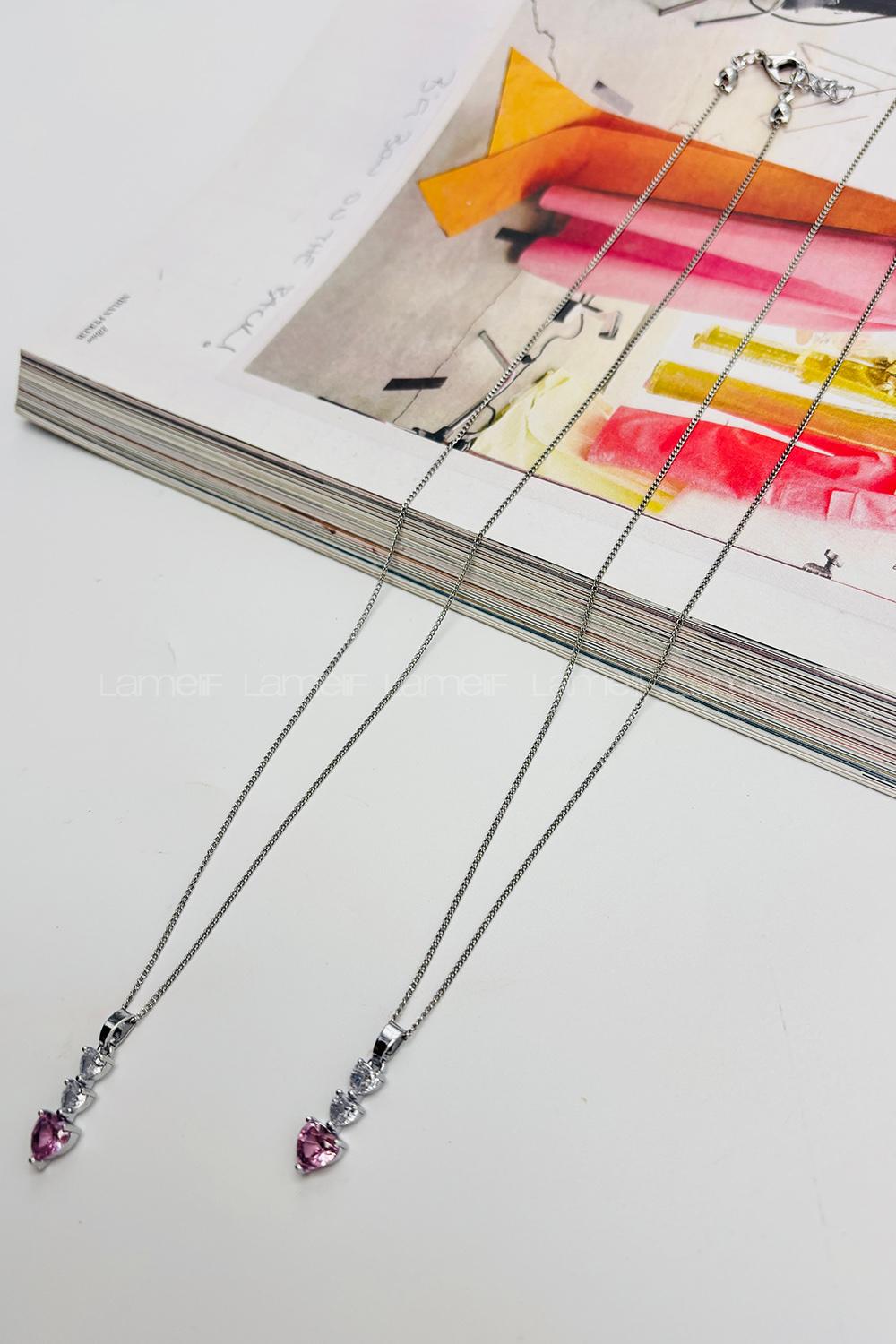 Lamelif Gümüş Kristal Pembe Taşlı Zirkon Üç Kalp Kolye