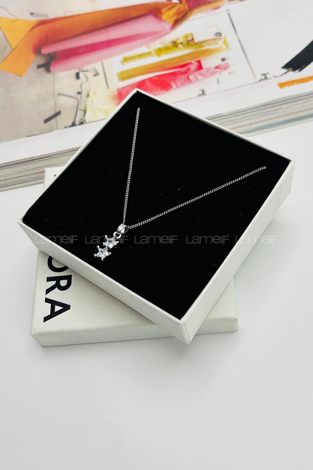 Lamelif Gümüş Kristal Taşlı Zirkon 2 Yıldız Kolye