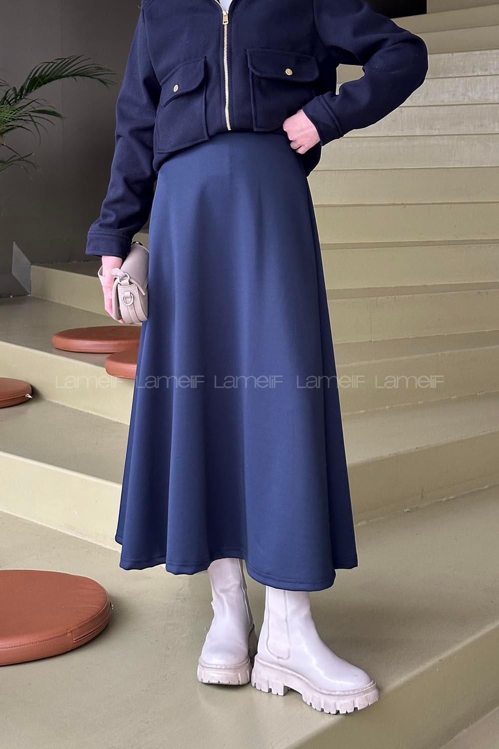 Lamelif Scuba Kumaş Kloş Etek Lacivert