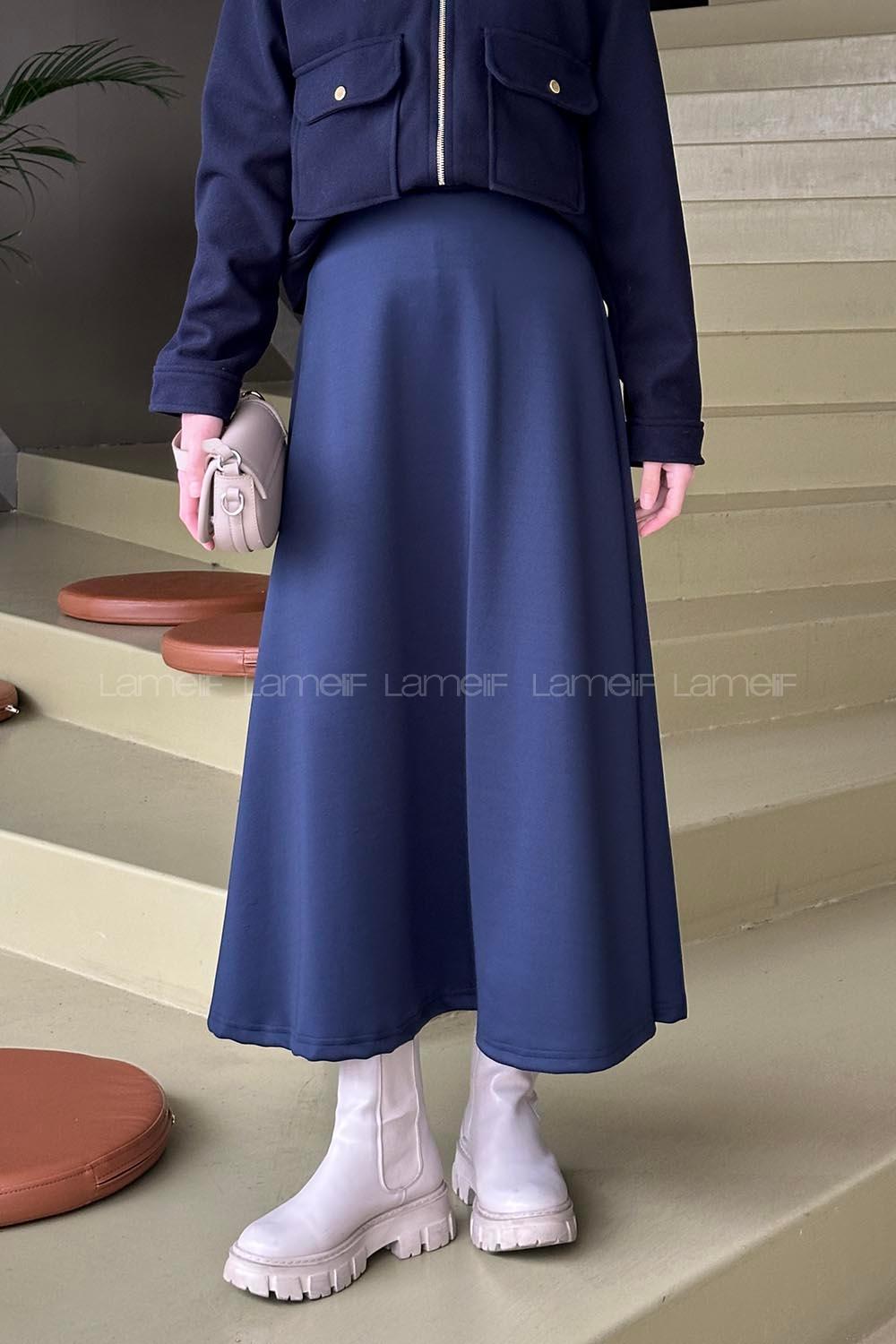 Lamelif Scuba Kumaş Kloş Etek Lacivert