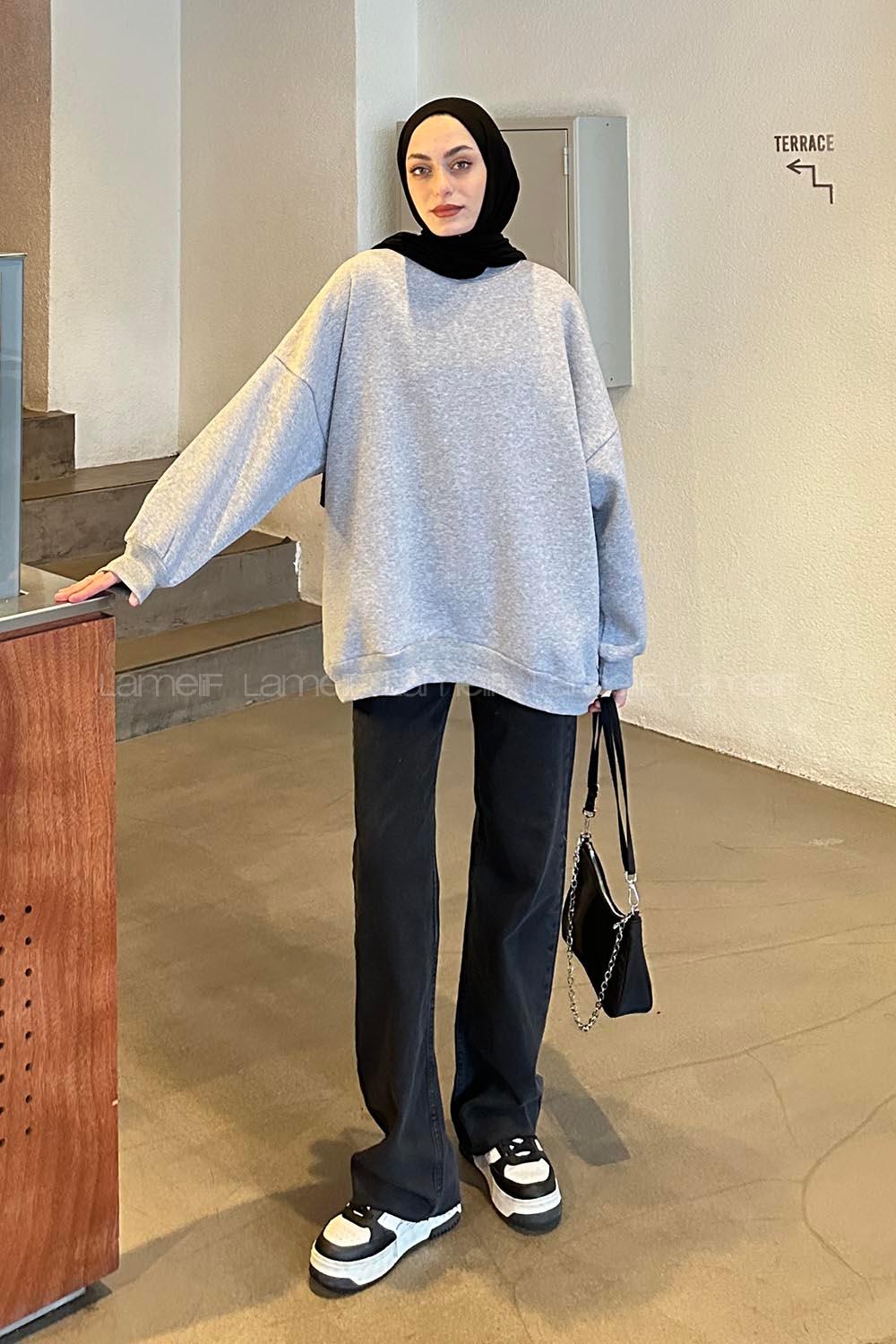 Lamelif Jasmin Bisiklet Yaka Oversize Sweat Gri