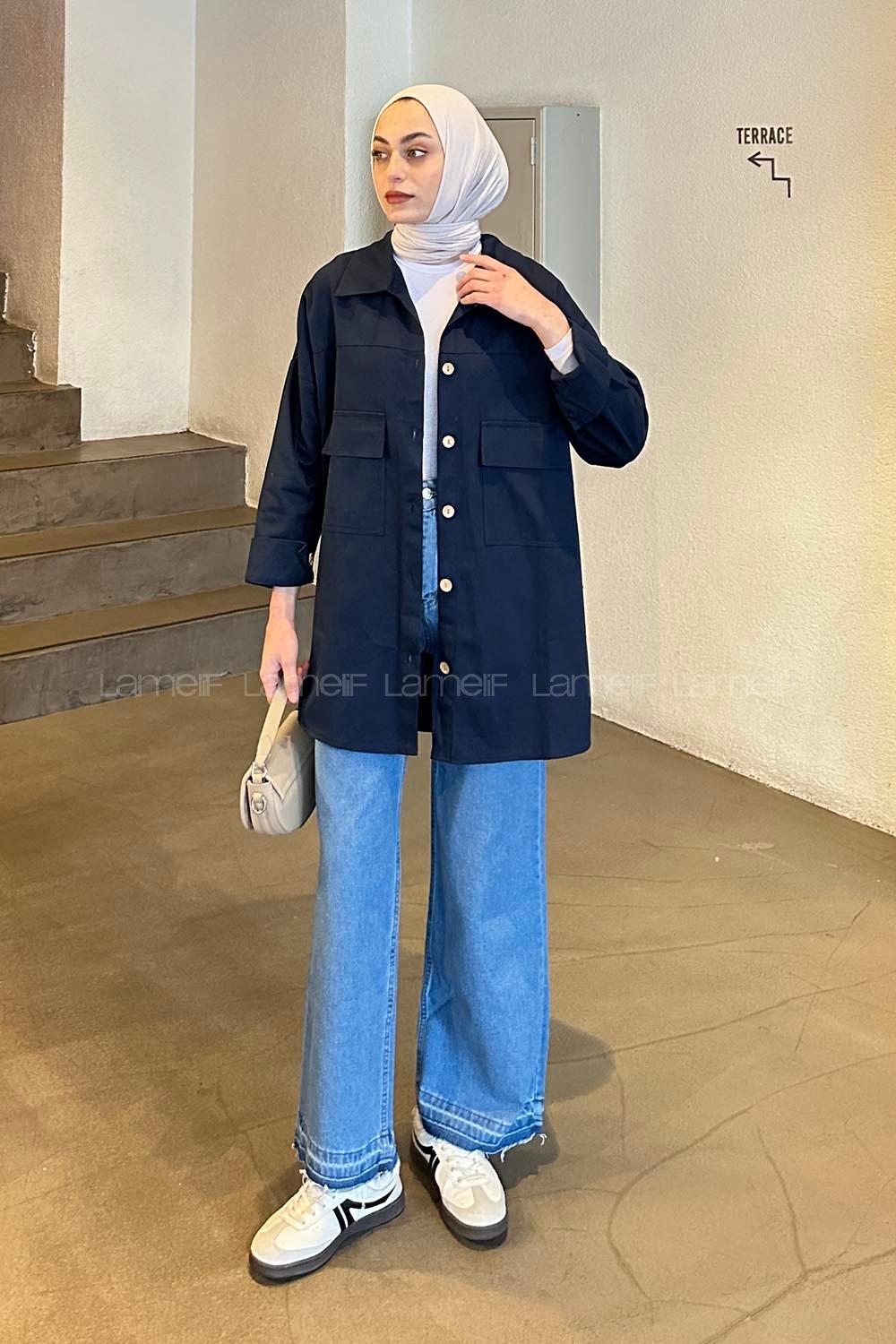 Lamelif Kapaklı İki Cepli Tahta Düğmeli Gömlek Lacivert