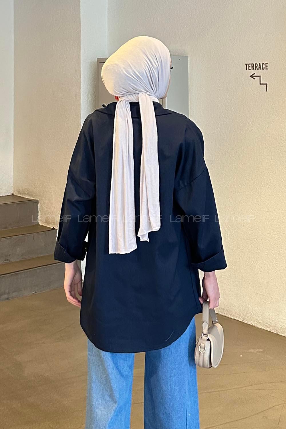 Lamelif Kapaklı İki Cepli Tahta Düğmeli Gömlek Lacivert