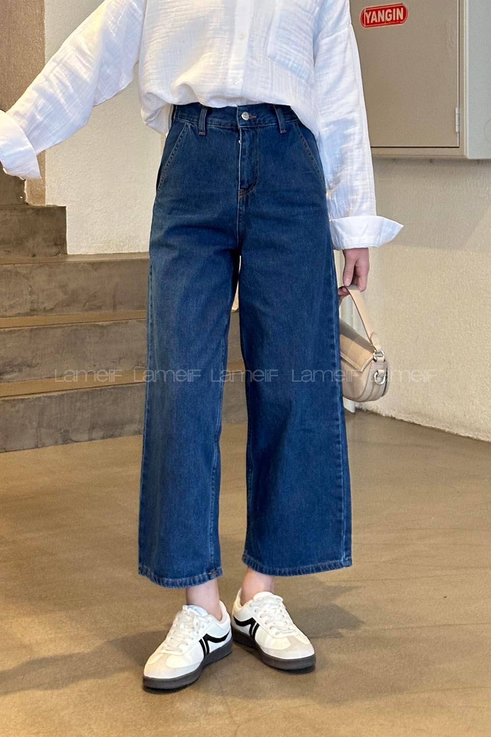 Lamelif Önü Fermuarlı Bol Paça Jean Koyu Mavi