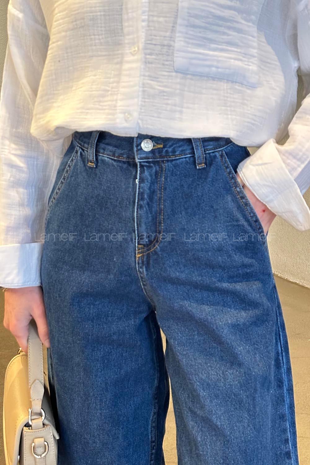 Lamelif Önü Fermuarlı Bol Paça Jean Koyu Mavi