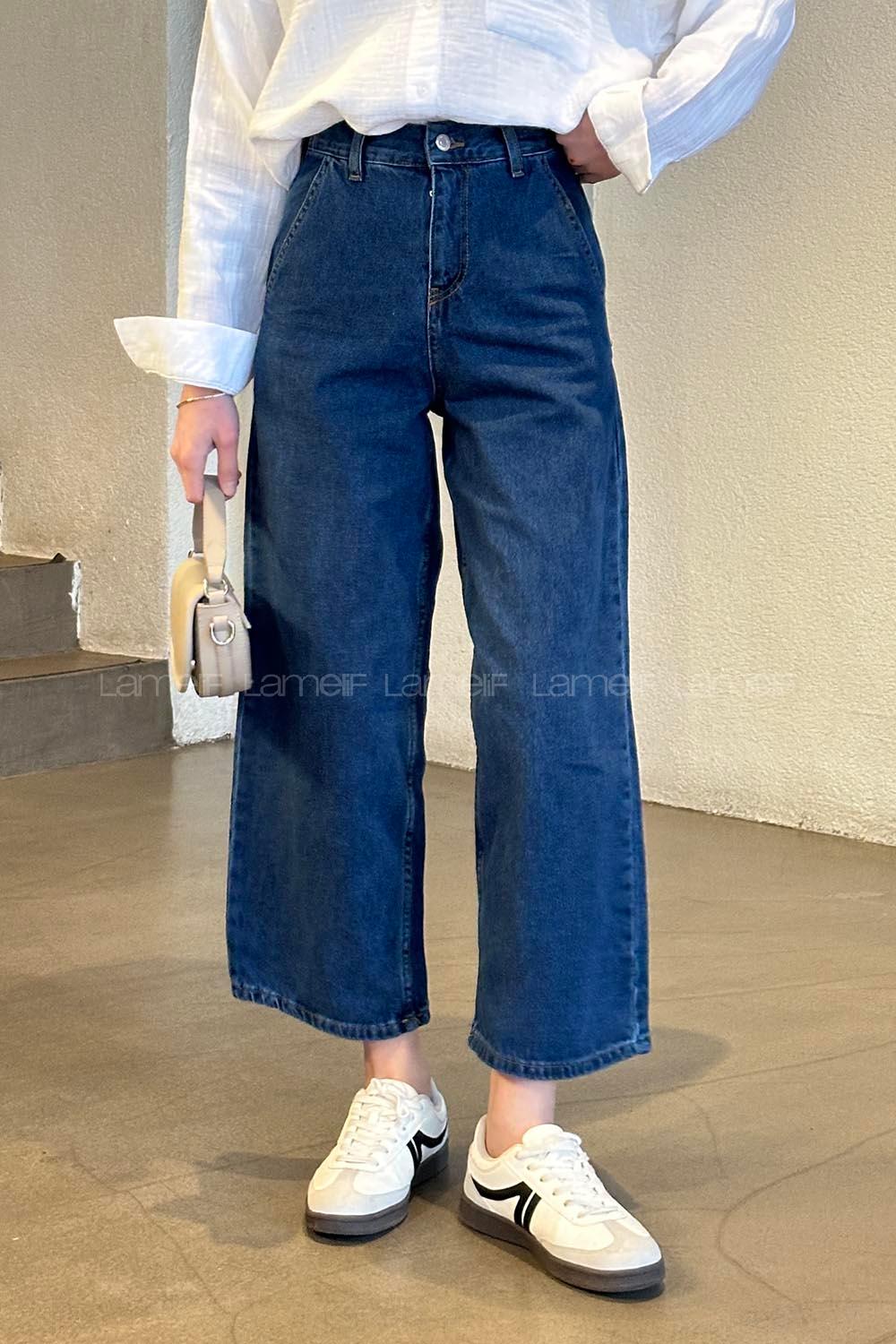 Lamelif Önü Fermuarlı Bol Paça Jean Koyu Mavi