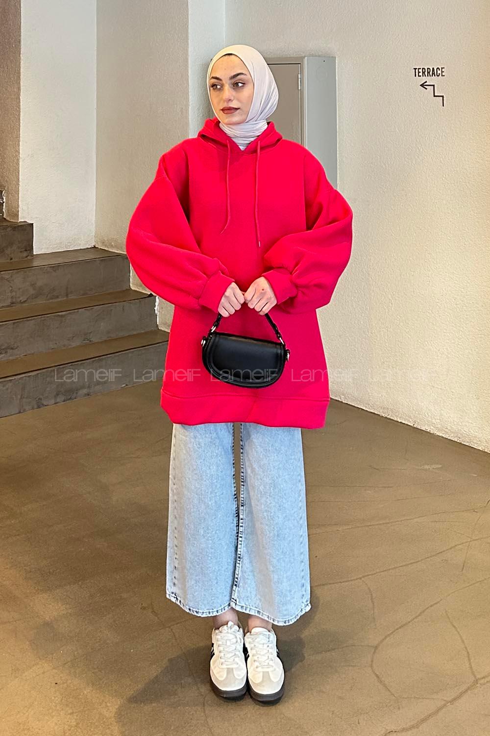 Fuchsia Hood Neck Balloon Sleeve Arm Sweatshirt