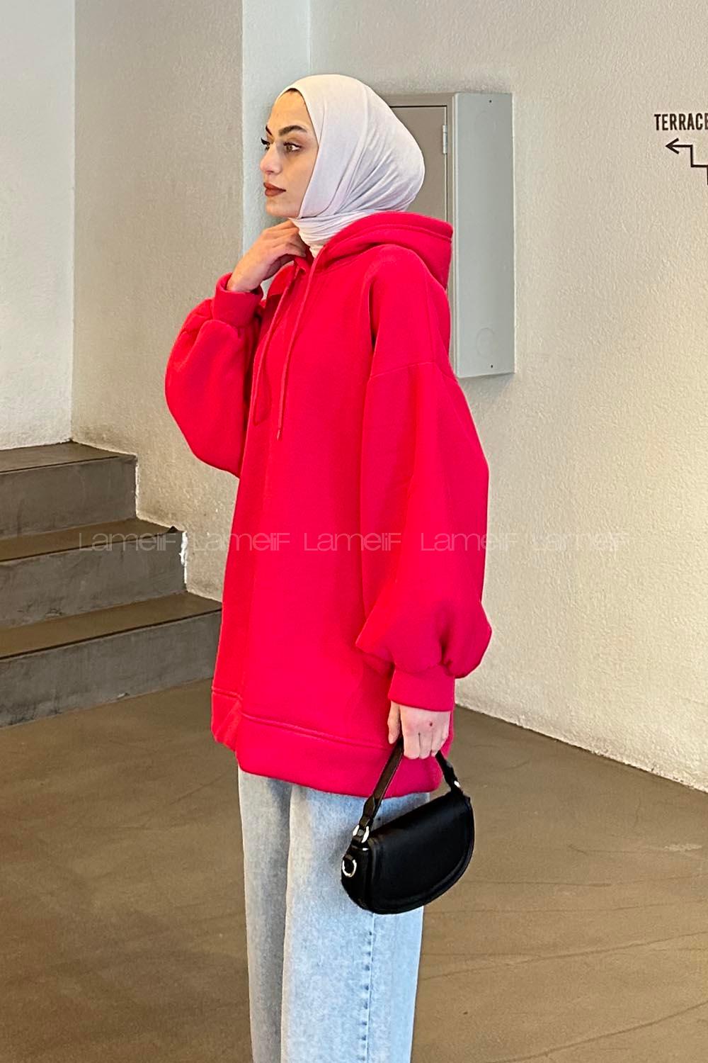 Fuchsia Hood Neck Balloon Sleeve Arm Sweatshirt