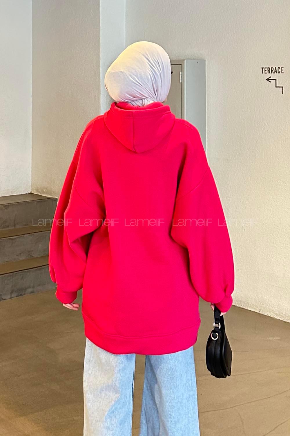 Fuchsia Hood Neck Balloon Sleeve Arm Sweatshirt