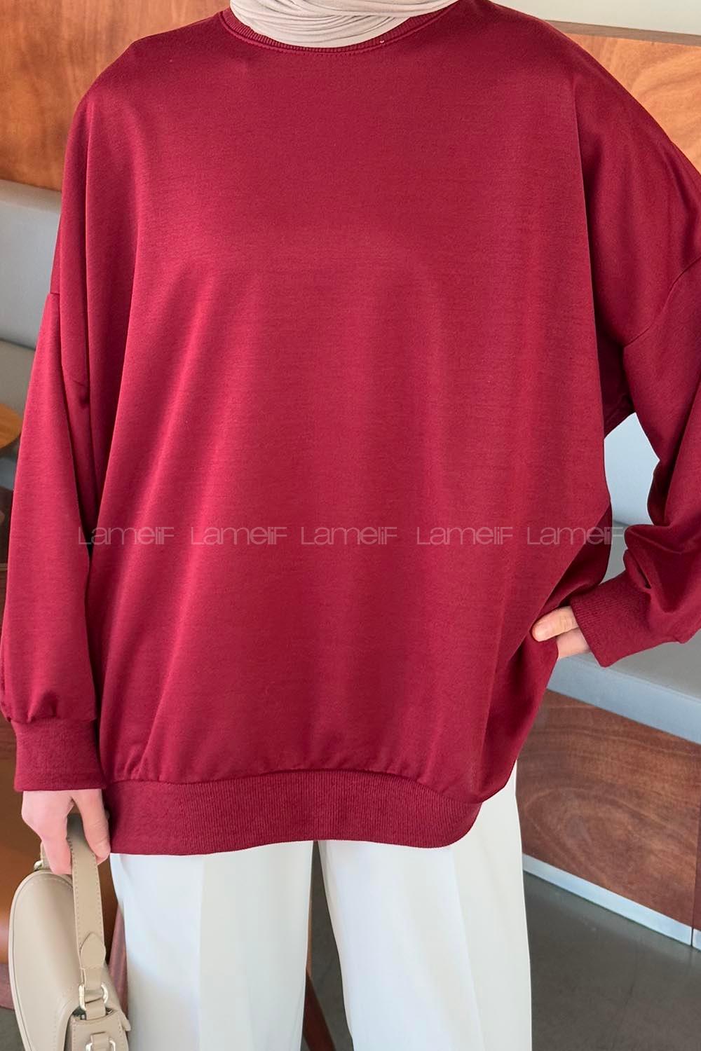 Lamelif Balon Kol Yaka Ve Etek Ucu Manşetli Bol Sweat Bordo