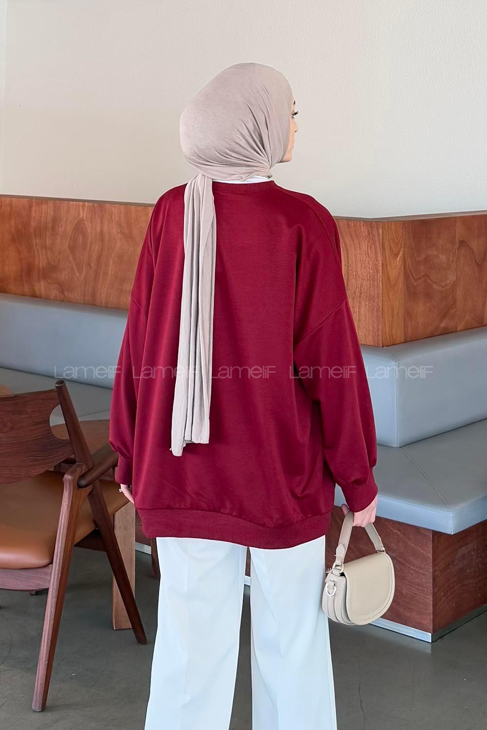 Lamelif Balon Kol Yaka Ve Etek Ucu Manşetli Bol Sweat Bordo