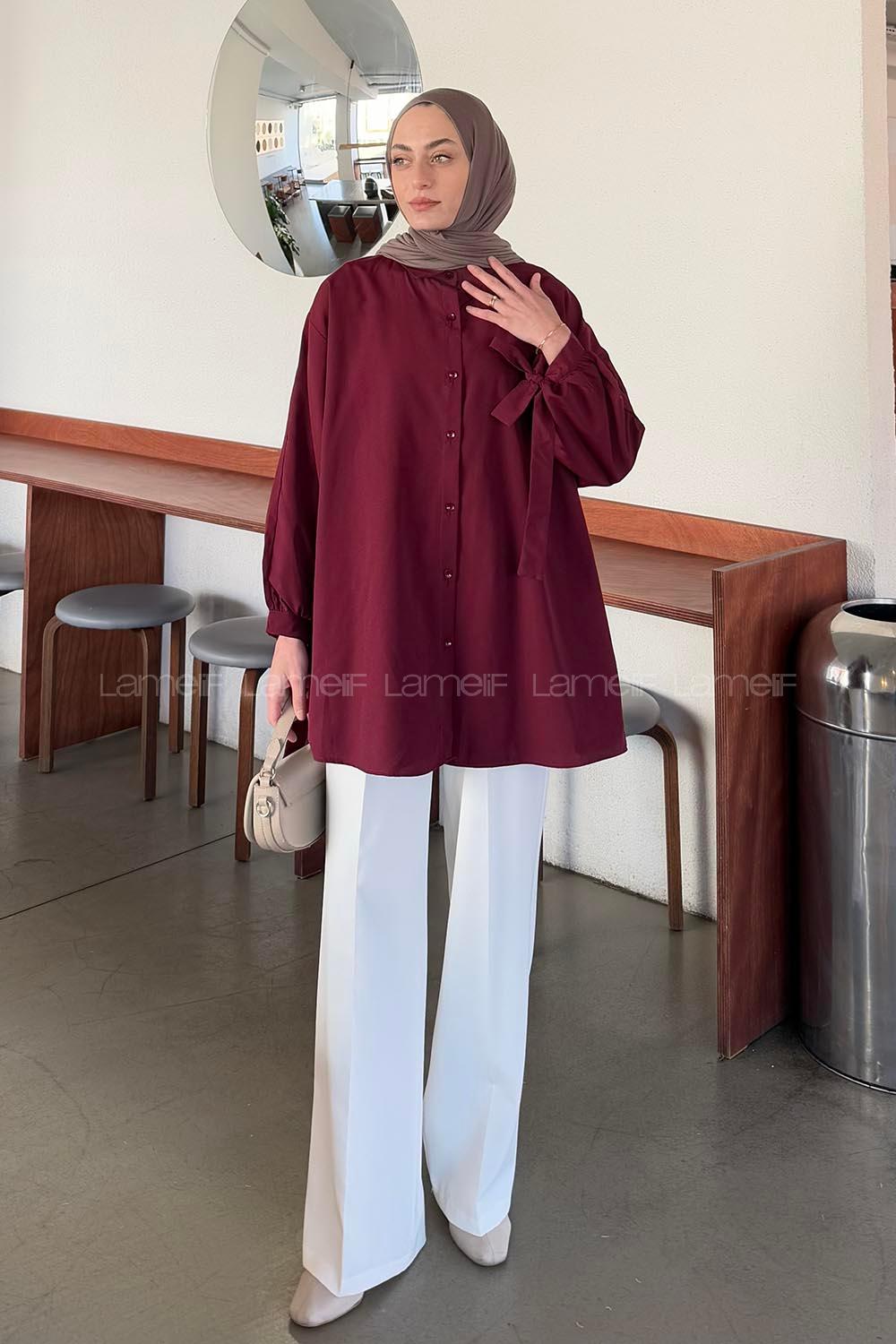 Claret Red Shirt Collar Long Arm Cotton Shirt