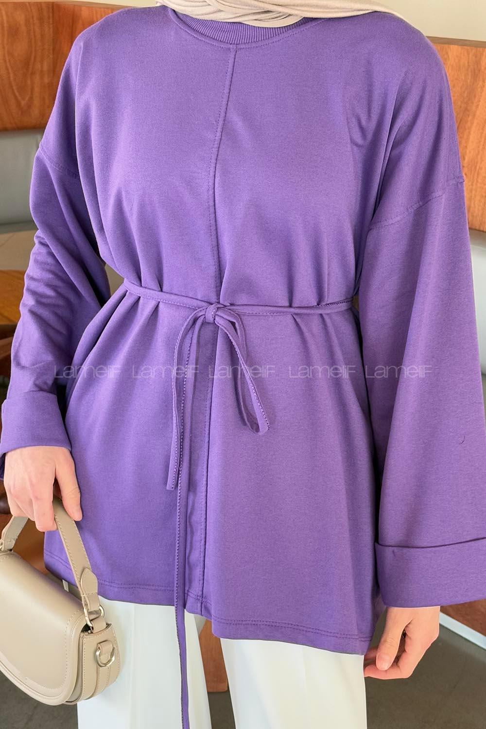 Lamelif Yırtmaç Detaylı Sweat Mor