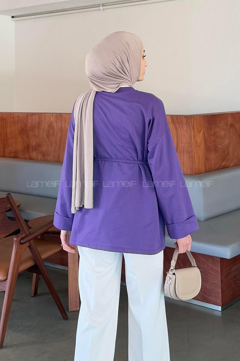 Lamelif Yırtmaç Detaylı Sweat Mor