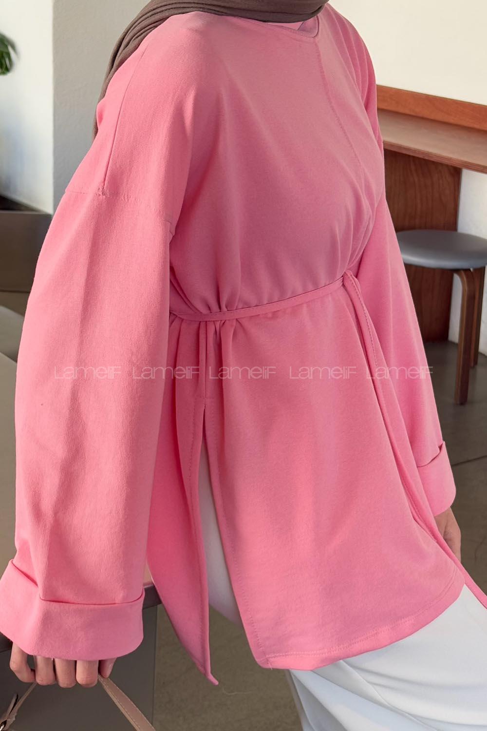 Lamelif Yırtmaç Detaylı Sweat Pembe