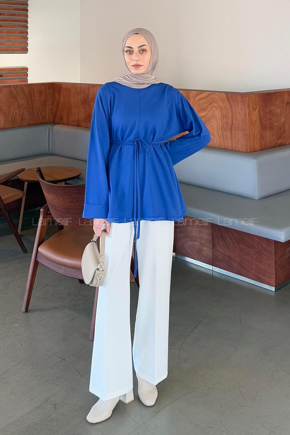 Lamelif Yırtmaç Detaylı Sweat Saks Mavisi